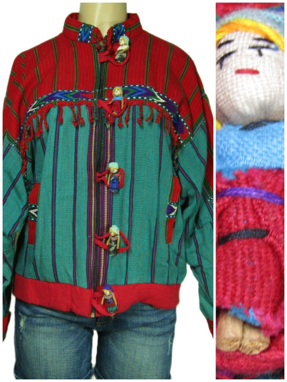 GUATEMALAN Hand Woven Tribal Doll Buttons Art to Wear Festival Folk Jacket M